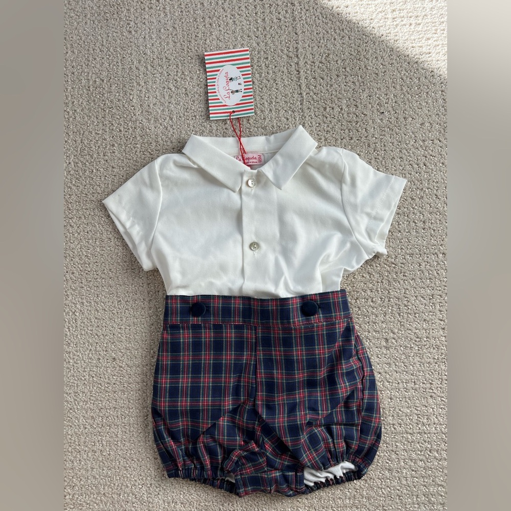 Classic White Polo Top with Navy Red Plaid Bubble Shorts - Kids